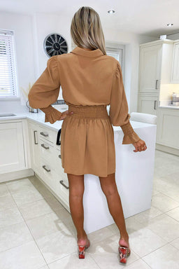 Camel Shirred Waist Long Sleeve Shirt Dress