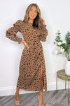 Camel Spot Print Elasticated Sleeve Midi Dress