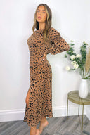 Camel Spot Print Elasticated Sleeve Midi Dress
