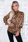 Camel Zebra Printed Ruffle High Neck Top