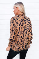 Camel Zebra Printed Ruffle High Neck Top