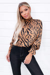 Camel Zebra Printed Ruffle High Neck Top