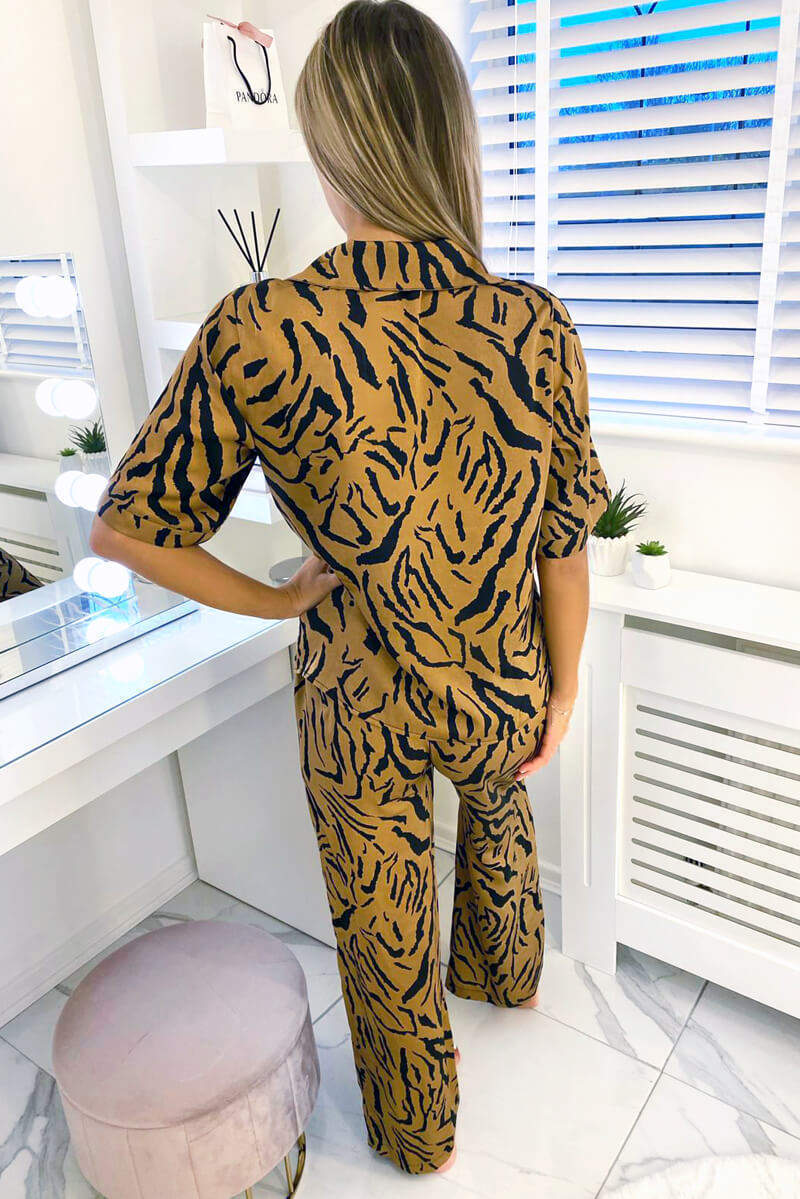 Camel Zebra Printed Satin PJ Set