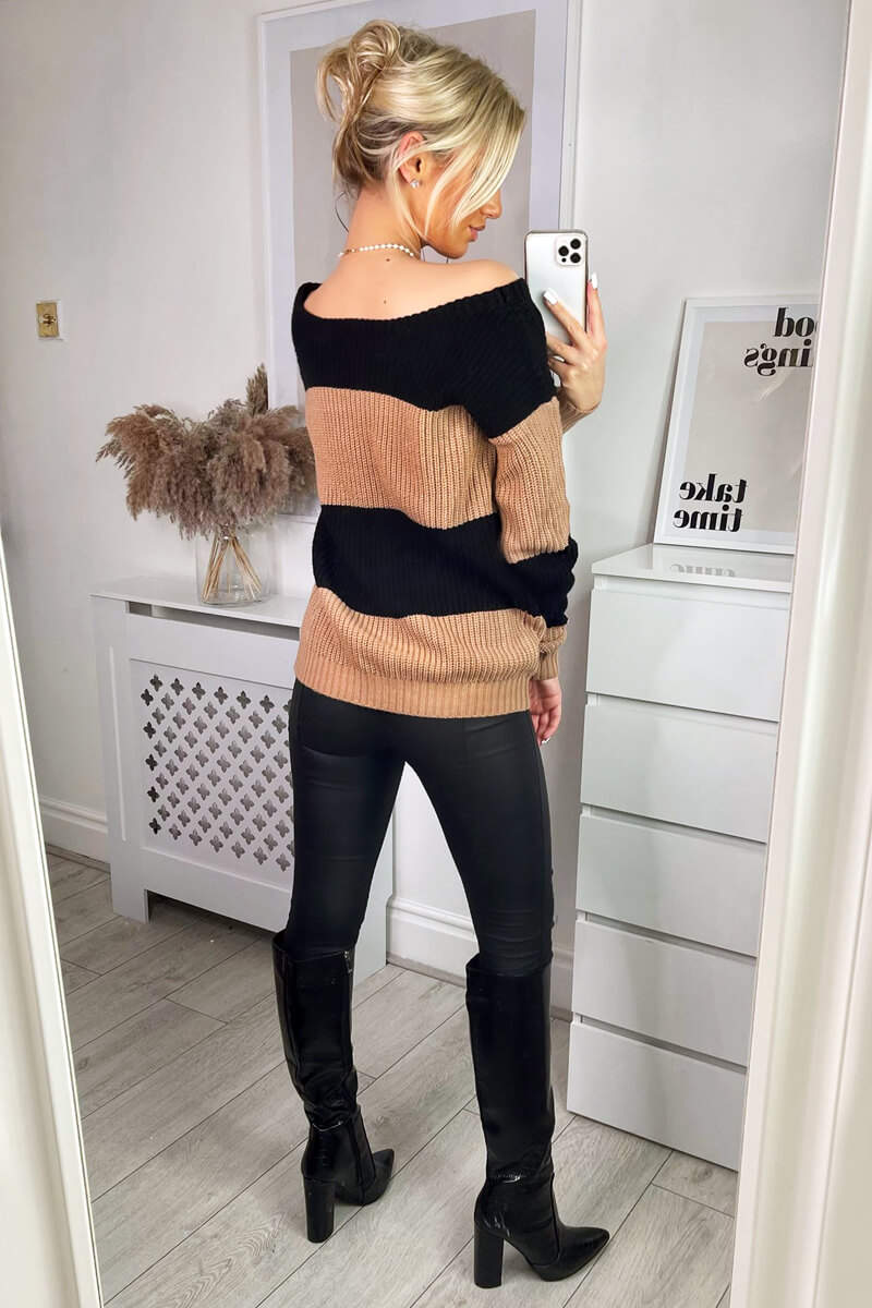 Camel and Black Colour Block Striped Knitted Jumper