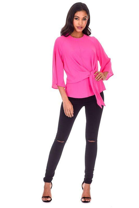 Cerise Flared Sleeve Tie Waist Detail Top