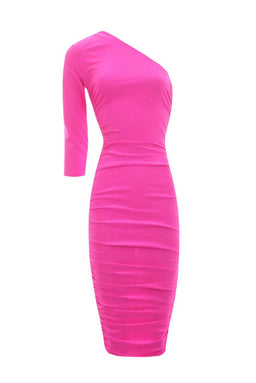 Cerise One Sleeve Slinky Midi Dress