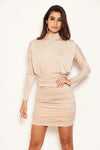 Champagne High Neck Ruched Sparkle Dress