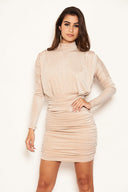 Champagne High Neck Ruched Sparkle Dress