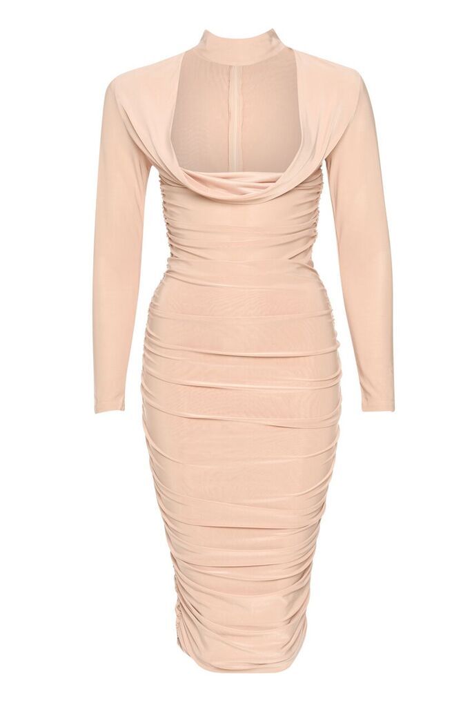 Champagne Long Sleeved Ruched Detail Dress