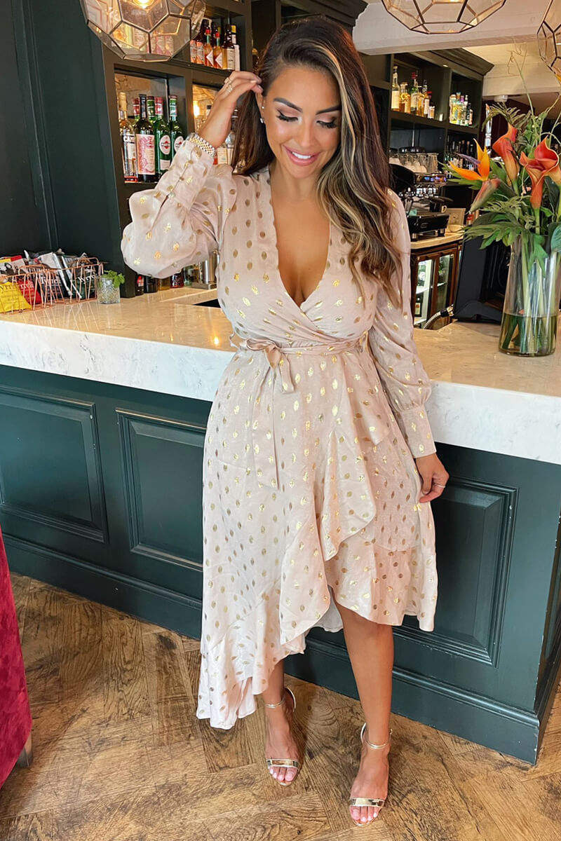 Champagne Wrap Long Sleeve Midi Dress