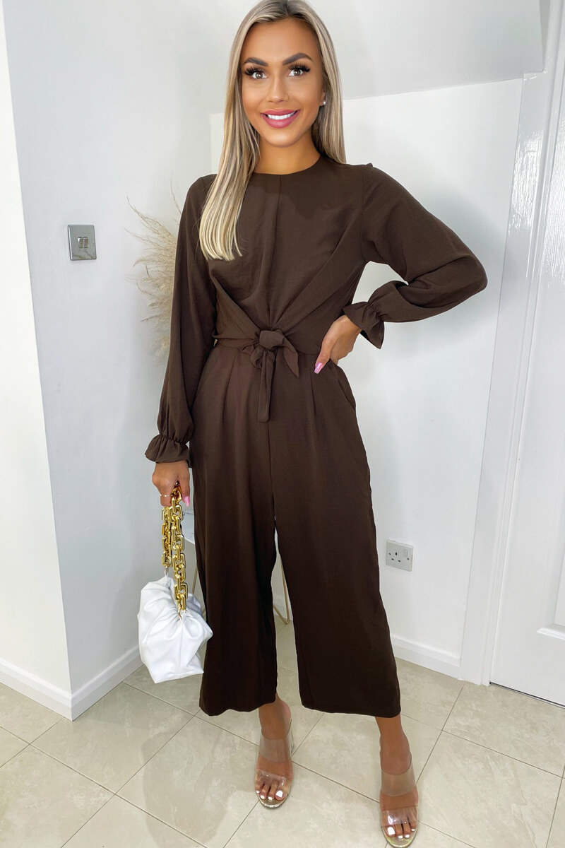 Chocolate Tie Front Long Sleeve Jumpsuit
