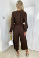 Chocolate Tie Front Long Sleeve Jumpsuit