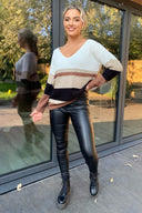 Chocolate V Front Colour Block Striped Knitted Jumper