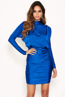 Cobalt High Neck Long Sleeve Ruched Dress