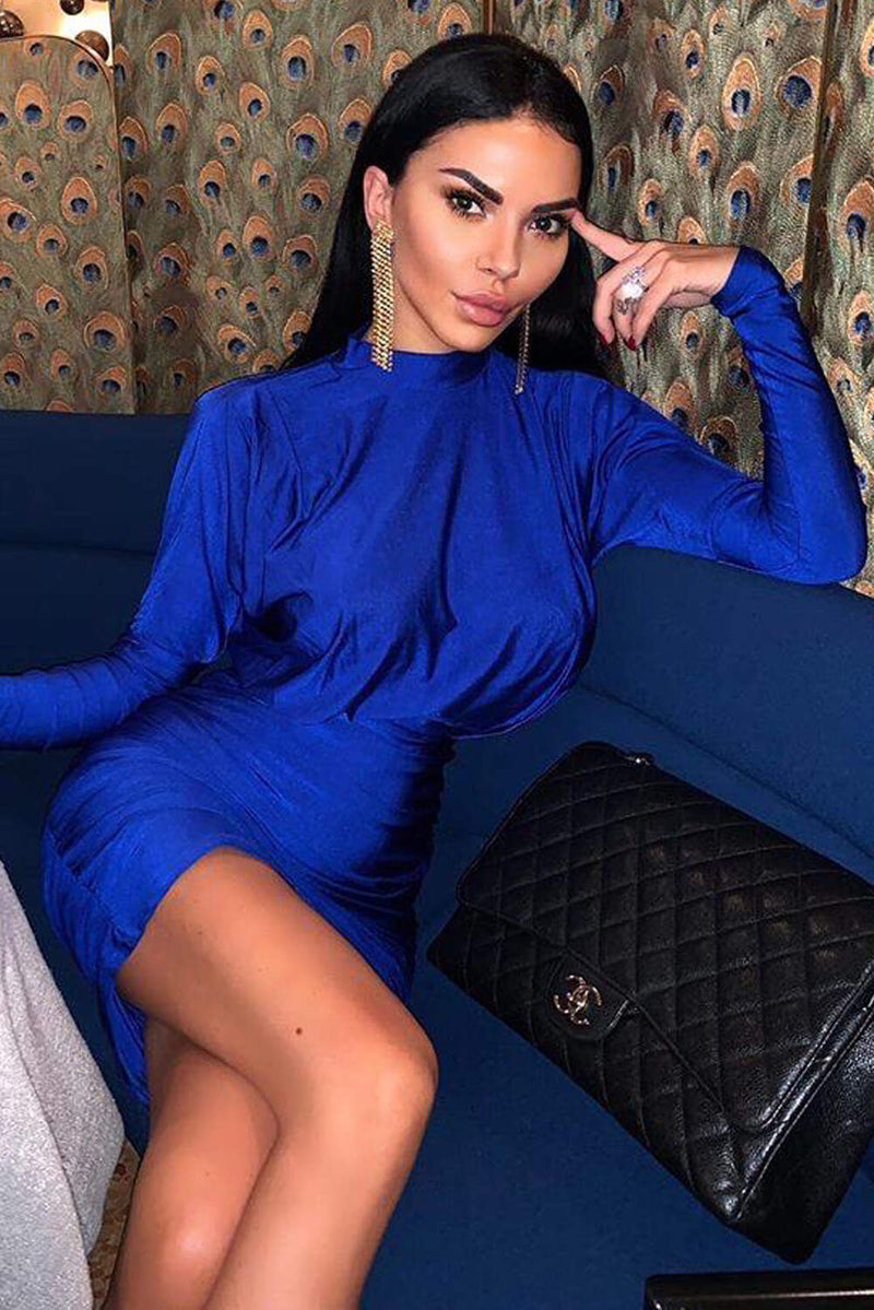 Cobalt High Neck Long Sleeve Ruched Dress