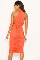 Coral High Neck Ruched Bodycon Midi Dress