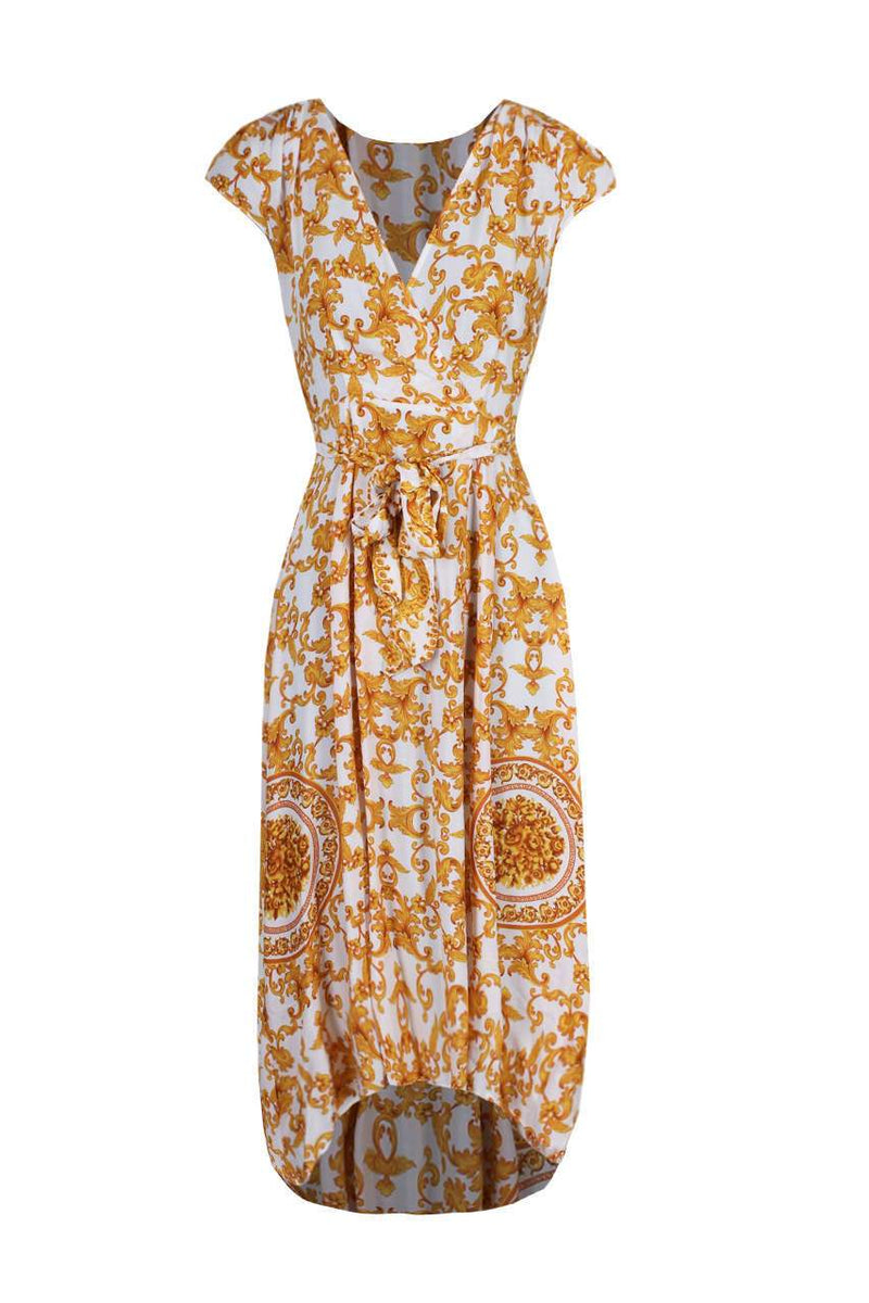 Cream And Gold Patterned Wrap Over V Neck Dress