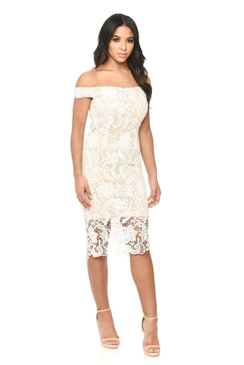 Cream And Nude Crochet Bardot Dress