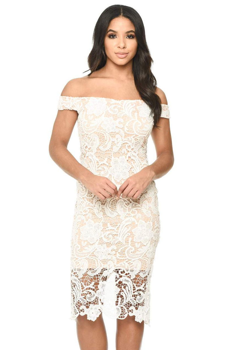 Cream And Nude Crochet Bardot Dress