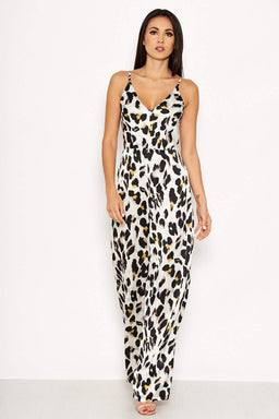 Cream Animal Print V Neck Jumpsuit