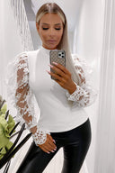 Cream Crochet Puff Sleeve Knitted Top