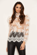 Cream Embroidered Sheer Puff Sleeve Top