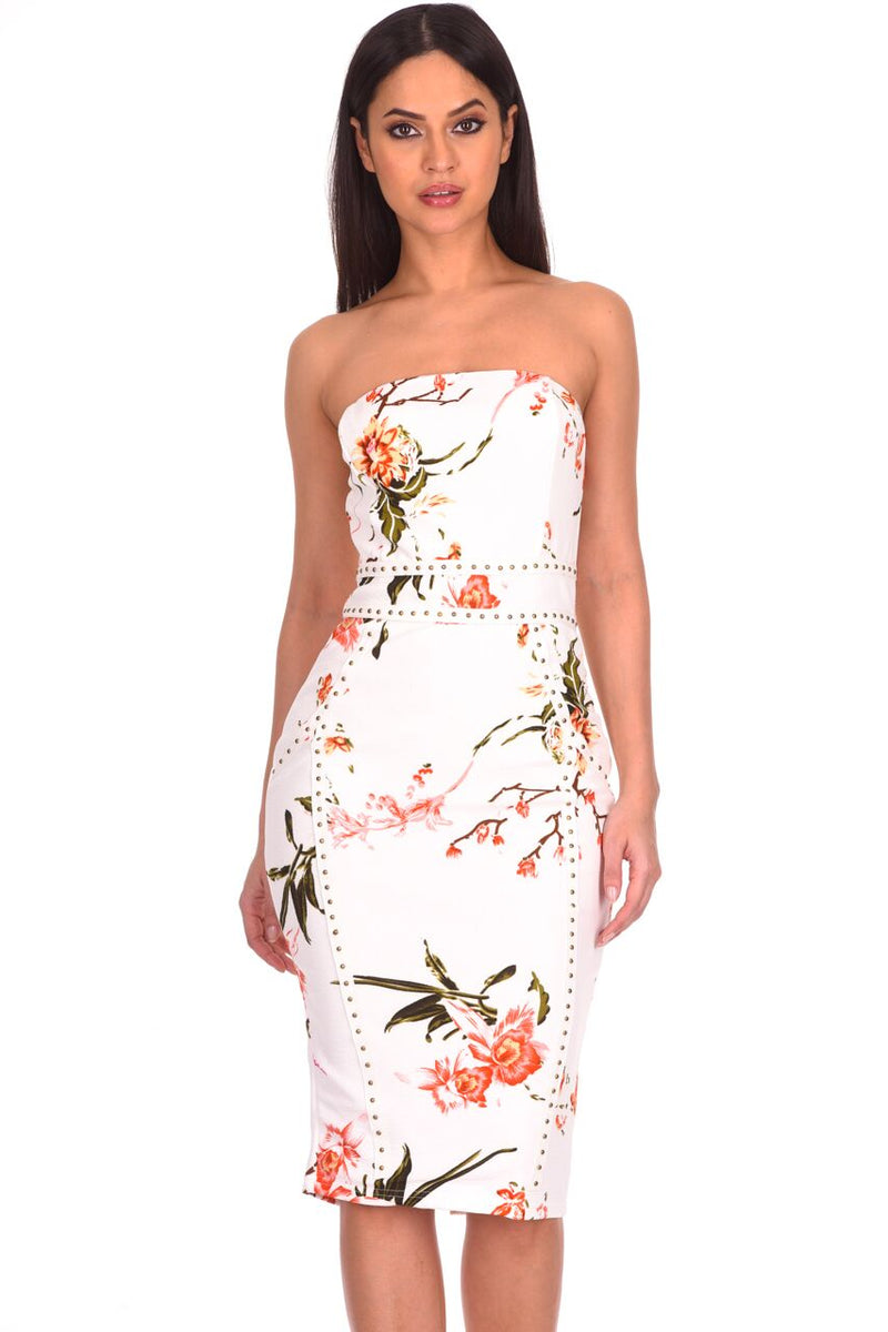 Cream Floral Bandeau Bodycon Midi Dress