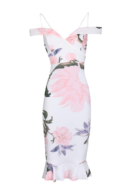 Cream Floral Fishtail Hem Midi Dress