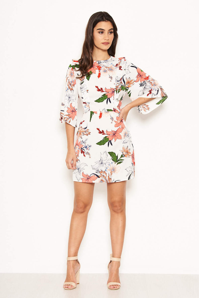 Cream Floral Frill Front Dress