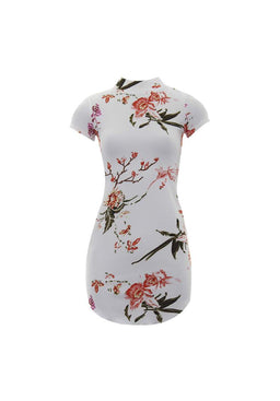 Cream Floral High Neck Dress