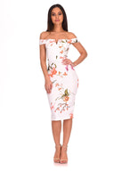 Cream Floral Notch Front Midi Dress