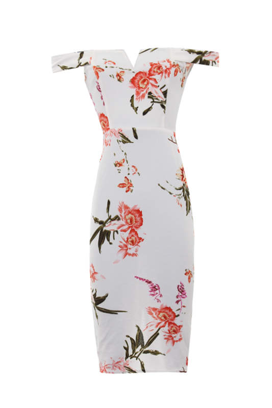 Cream Floral Notch Front Midi Dress