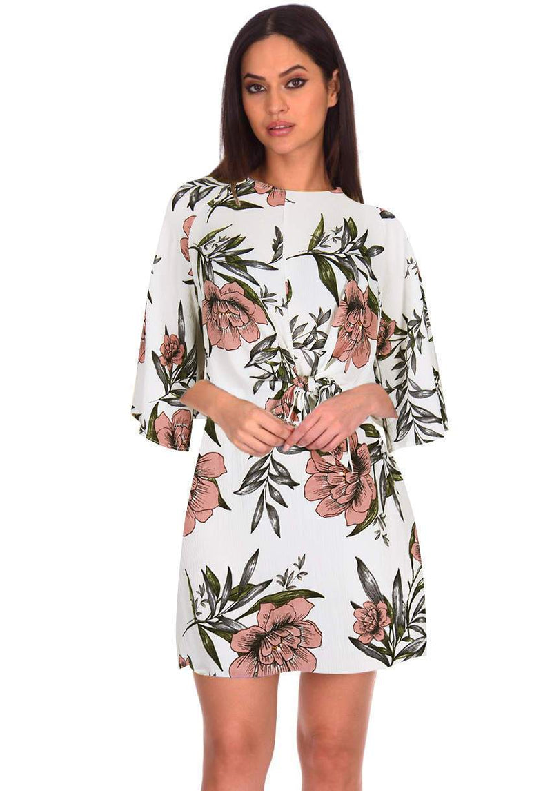 Cream Floral Printed Tie Front Dress