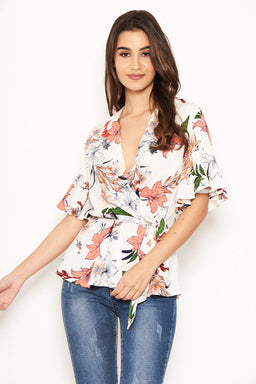 Cream Floral Wrap Top