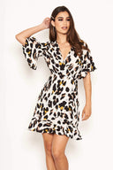 Cream Leopard Print Frill Wrap Dress