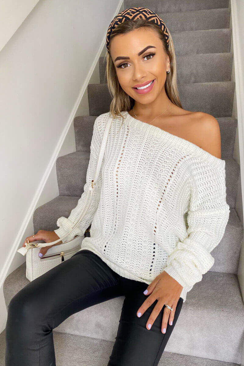 Cream Off The Shoulder Chunky Knit Jumper