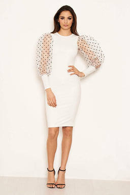 Cream Polka Dot Puff Sleeve Midi Dress