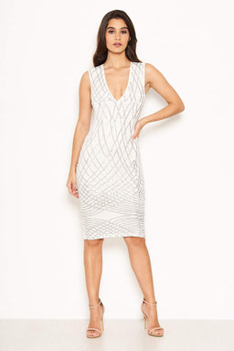 Cream Sequin V Front Bodycon Dress