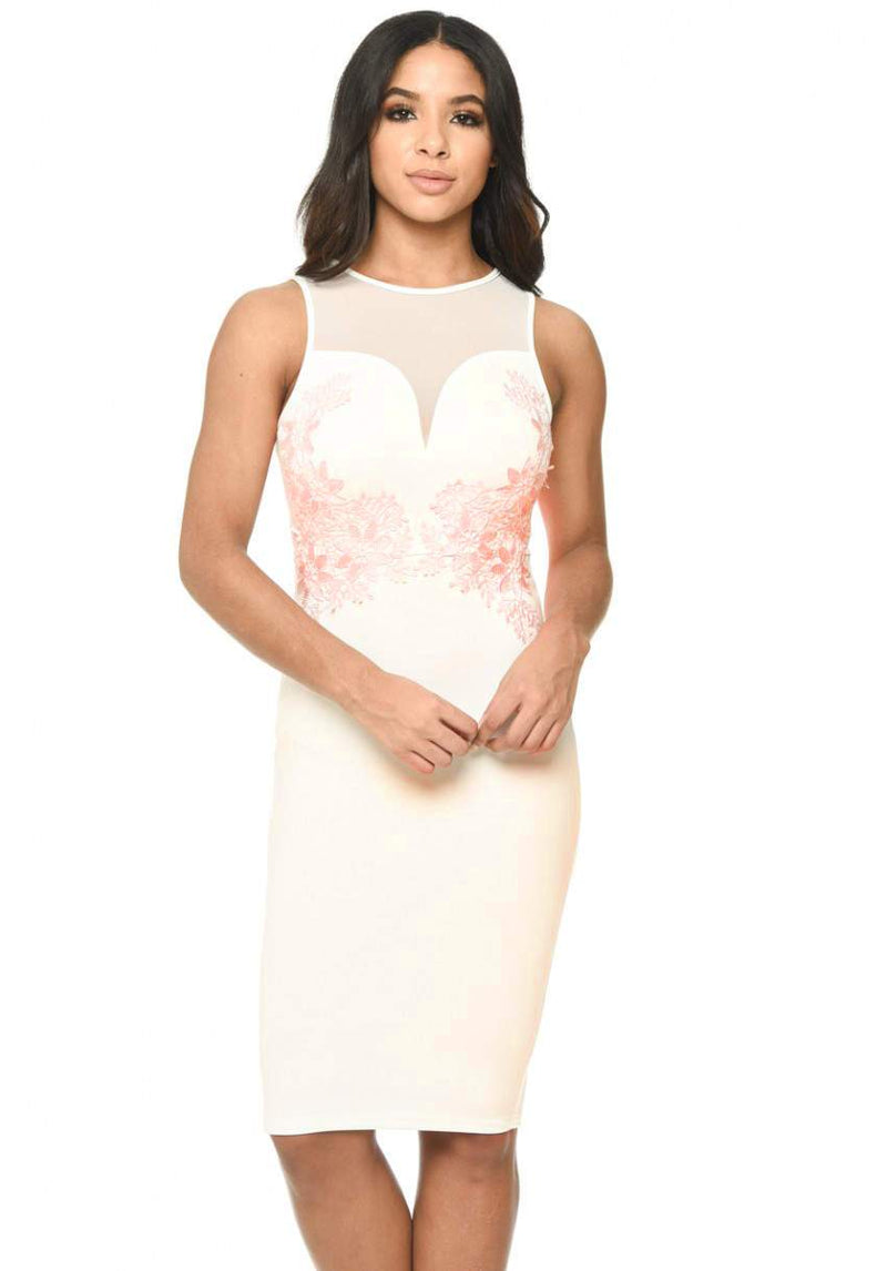 Cream Sheer Top Bodycon With Lace Detail