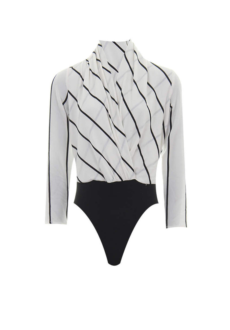 Cream Striped Plunge Bodysuit