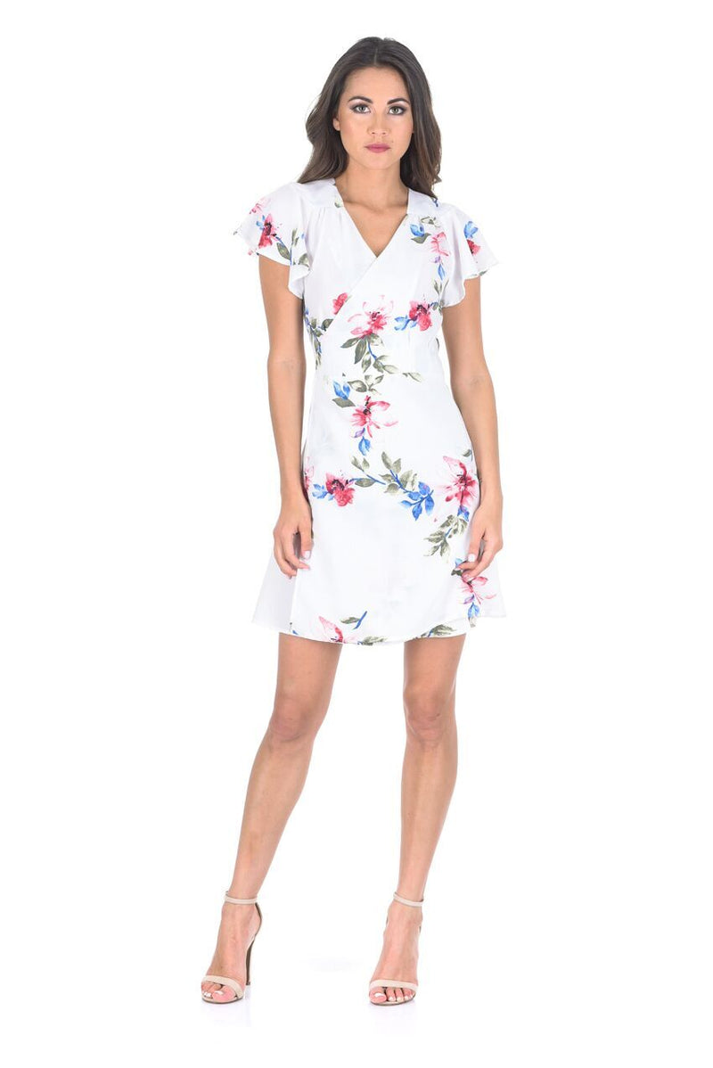 Cream Wrap Front Floral Skater Dress