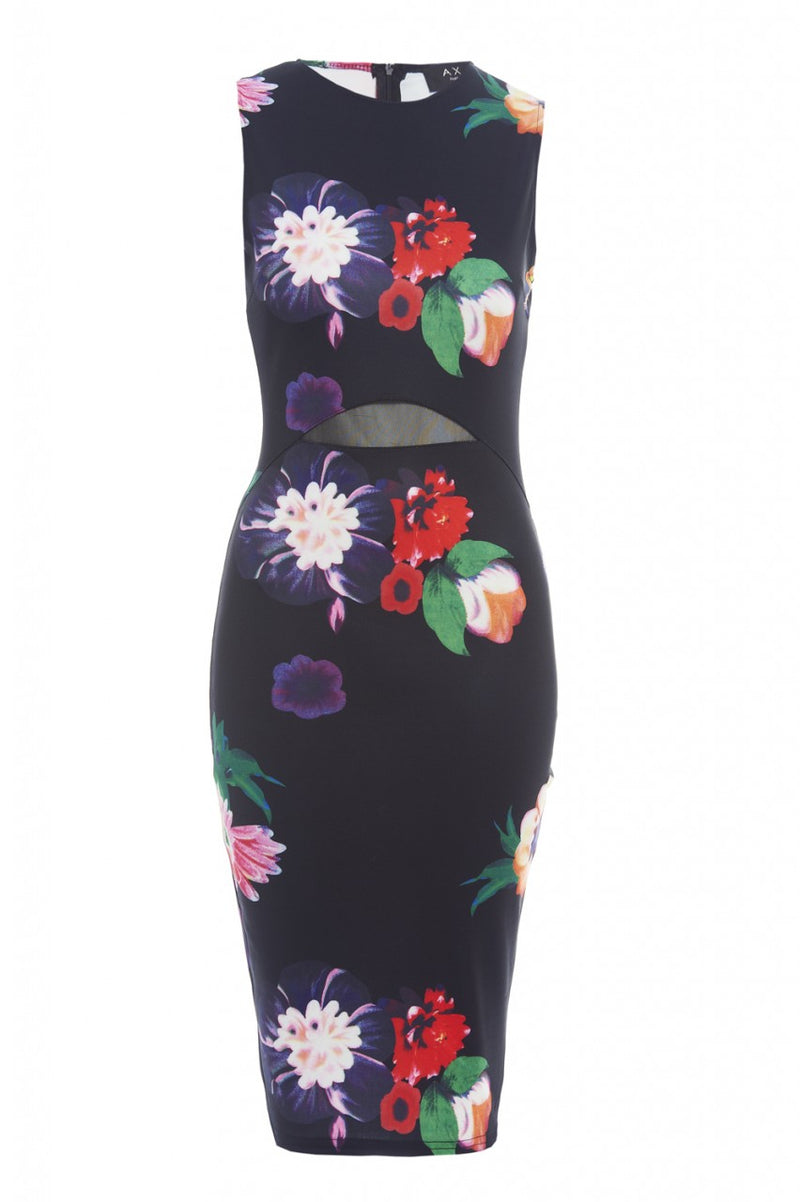 Floral Bodycon Midi With Mesh Insert