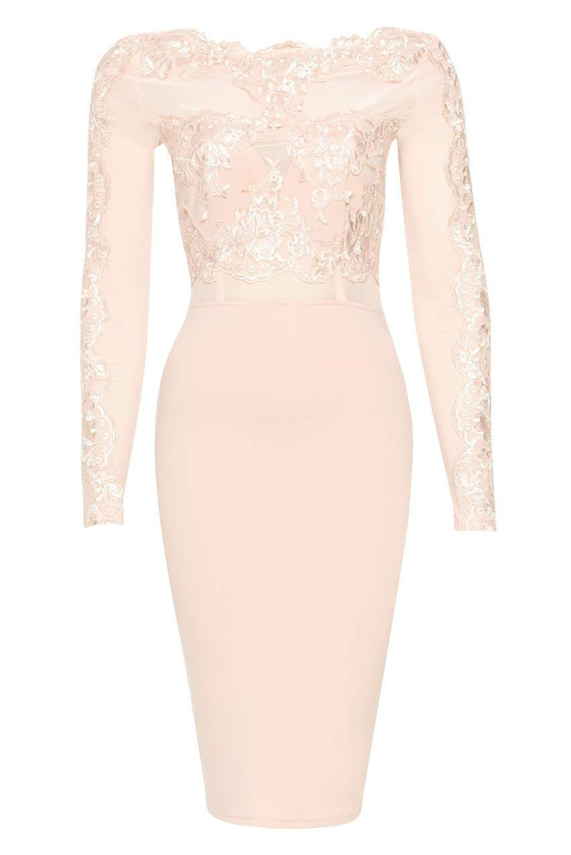 Blush Lace Detail Long Sleeved Bodycon Dress