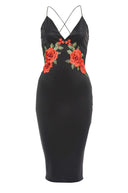 Black Strappy Embroidered Bodycon Dress