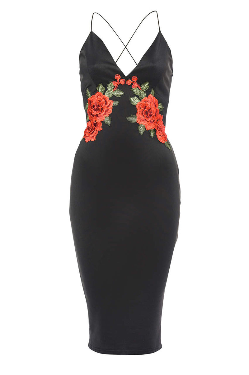 Black Strappy Embroidered Bodycon Dress