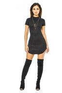 Black Faux Suede Mini Dress with High Neck