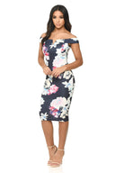 Off The Shoulder Navy Floral Print Bodycon Dress