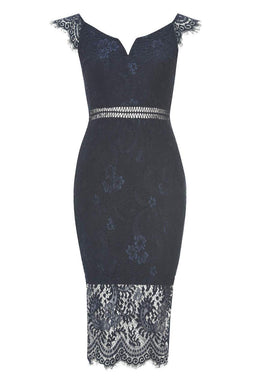 Navy Lace Bodycon Dress With Notch Front