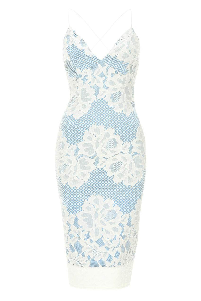 Contrast Blue Lace Bodycon Dress With Plunge Front