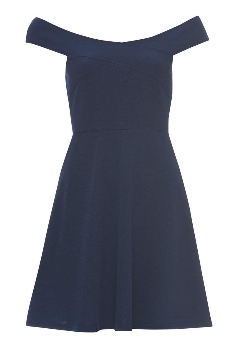 navy bardot skater dress boohoo Women's Velvet Bardot Structured Skater Dress - Navy